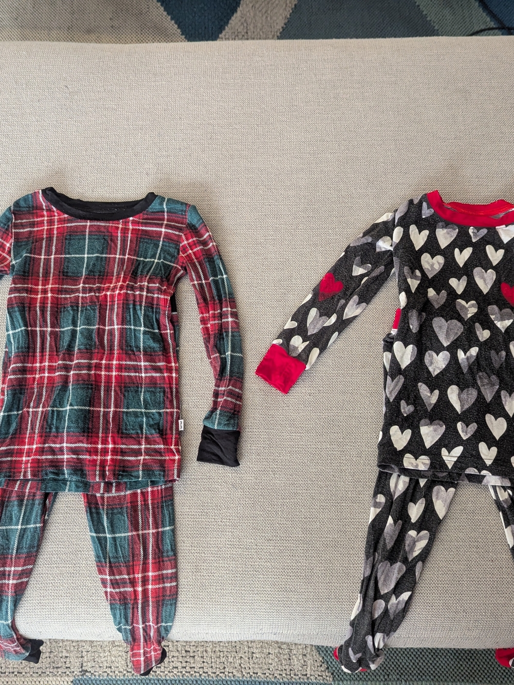 Little Sleepies Red & Green Plaid Kids Pajama Set, Black And White Hearts Set